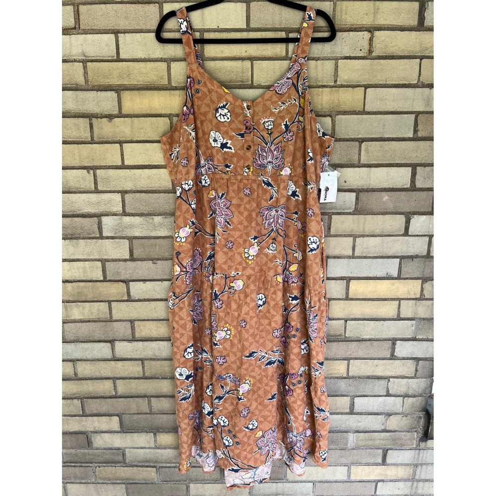 Sonoma Orange Floral Linen Blend Midi Dress Pockets Smocked Back Size XXL NWT